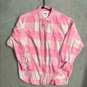 Aerie Pink and White Plaid Flannel Button-Up Shirt
